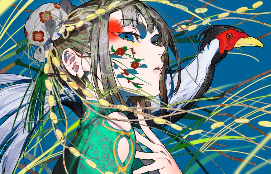 古风少女青衣花面侧颜蓝绿背景动漫电脑壁纸