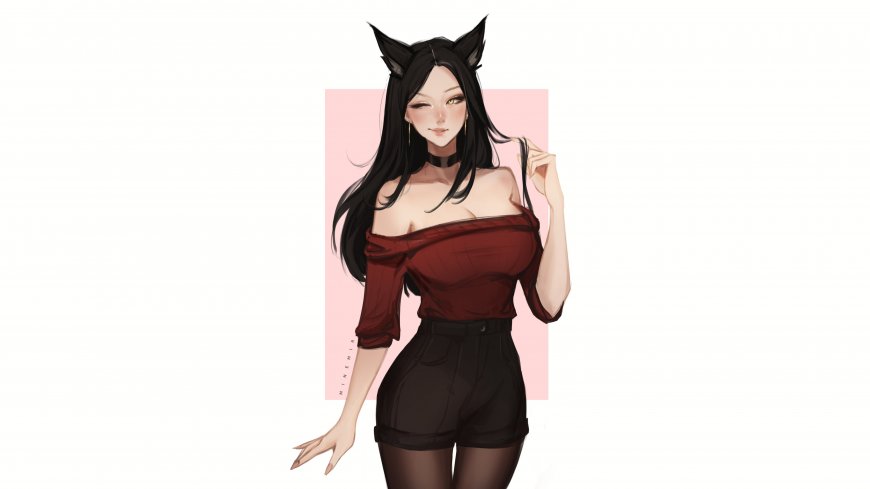 黑发猫耳少女红衣黑短裤粉背景动漫电脑壁纸