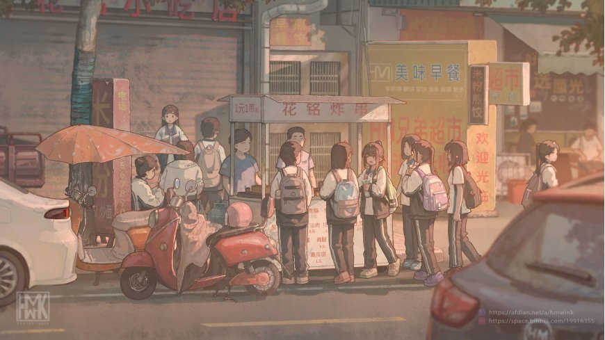 街头早餐摊前学生排队暖棕插画电脑壁纸