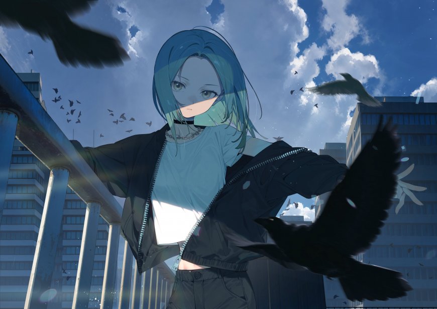 蓝发少女天台展臂乌鸦飞舞蓝白动漫电脑壁纸