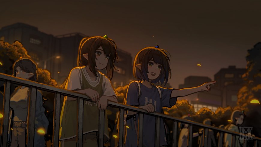 两位精灵耳少女夜景栏杆旁眺望暖橙动漫电脑壁纸