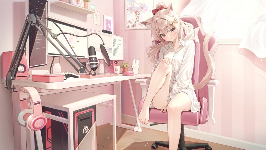猫耳少女粉白房间坐姿动漫电脑壁纸