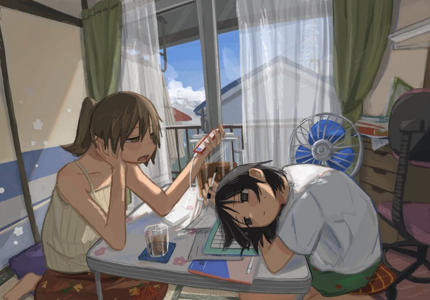 日常系少女与黑发少年室内学习互动暖调动漫电脑壁纸