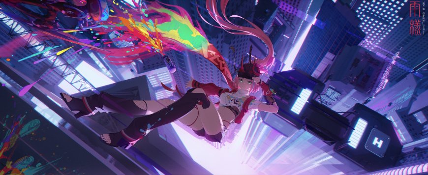 赛博朋克都市中粉发少女跃空挥洒彩墨紫蓝霓虹动漫电脑壁纸