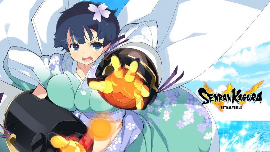 闪乱神乐少女樱花发饰青衣持械战斗蓝白动漫电脑壁纸