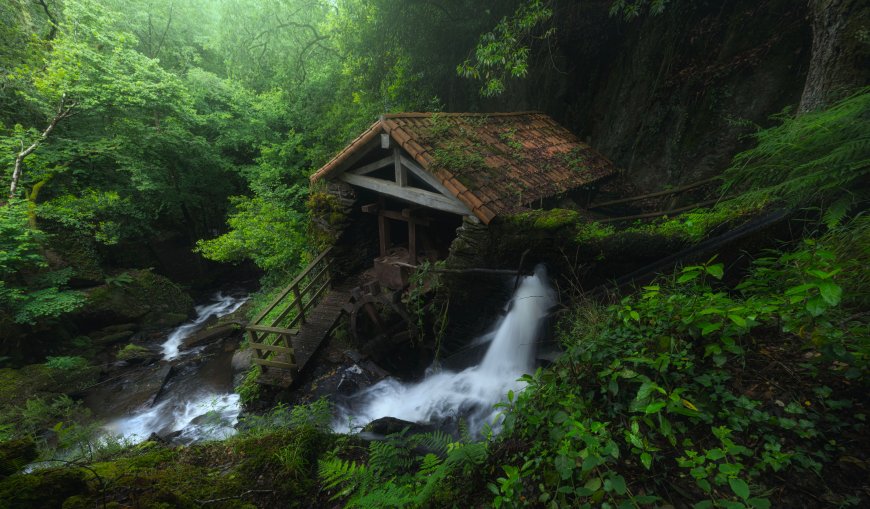 森林溪流旁古朴水车小屋青翠自然风景电脑壁纸