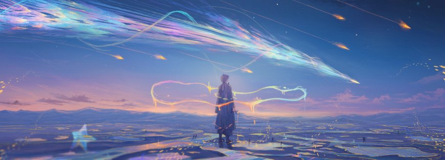 少年背影仰望流光星轨紫蓝梦幻插画电脑壁纸