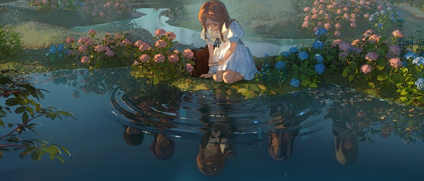少女跪坐溪边捧书凝望粉蓝绣球花丛青绿动漫电脑壁纸