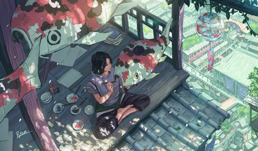 少女绘制锦鲤风筝青绿古风动漫电脑壁纸