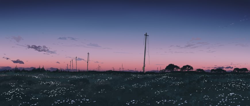 田野萤火点点暮色紫粉插画电脑壁纸