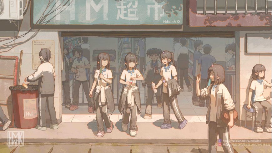 校园超市门口少女群像暖棕动漫电脑壁纸