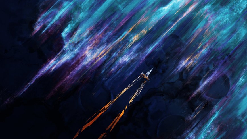 星际飞船穿越星云漩涡蓝紫暗金太空科幻电脑壁纸