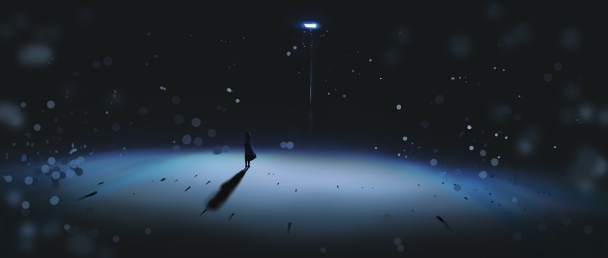 夜色路灯下孤独少女蓝光散落暗蓝插画电脑壁纸