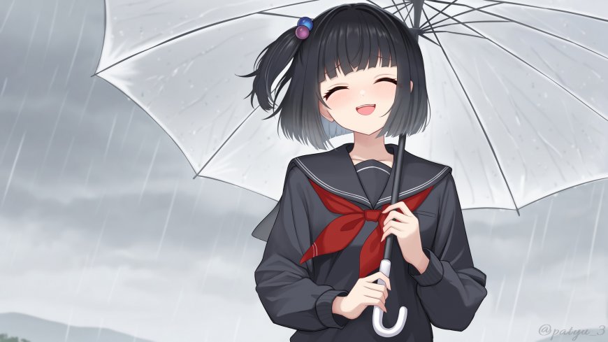 雨中撑伞黑发双马尾少女水手服微笑灰蓝动漫电脑壁纸