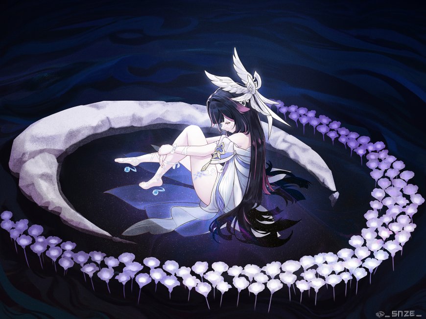 原神 哥伦比娅白翼长发少女静坐月环紫光花卉环绕暗蓝唯美动漫电脑壁纸
