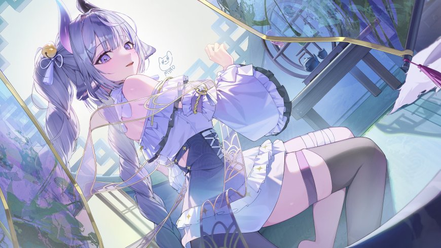原神刻晴紫发猫耳少女侧卧微笑蓝紫动漫电脑壁纸