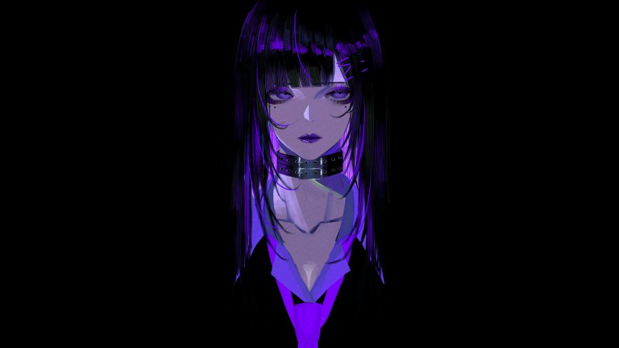 紫发少女黑衣项圈暗紫动漫电脑壁纸