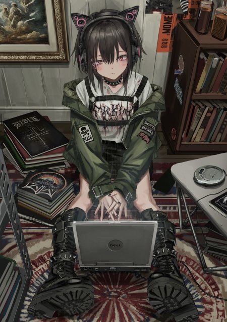 动漫角色黑发少女猫耳耳机军绿色夹克摇滚风暗黑系动漫手机壁纸