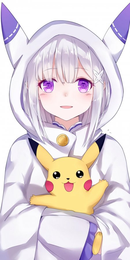 动漫角色银发紫瞳少女怀抱皮卡丘白紫配色插画手机壁纸