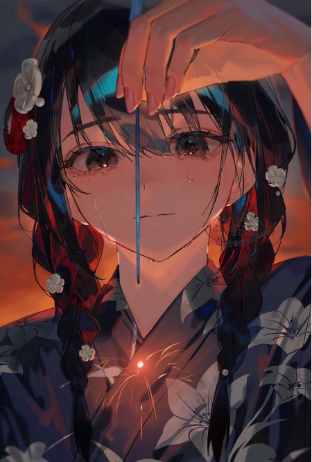 动漫少女黑发双辫泪眼持剑橙红渐变唯美动漫手机壁纸