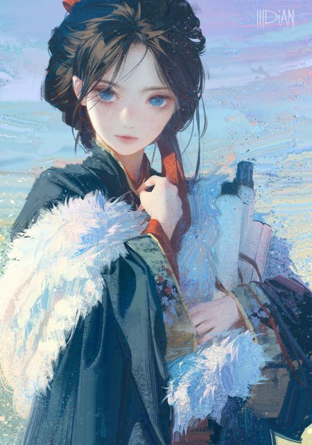 古风少女蓝眸黑发白羽披肩淡彩动漫手机壁纸