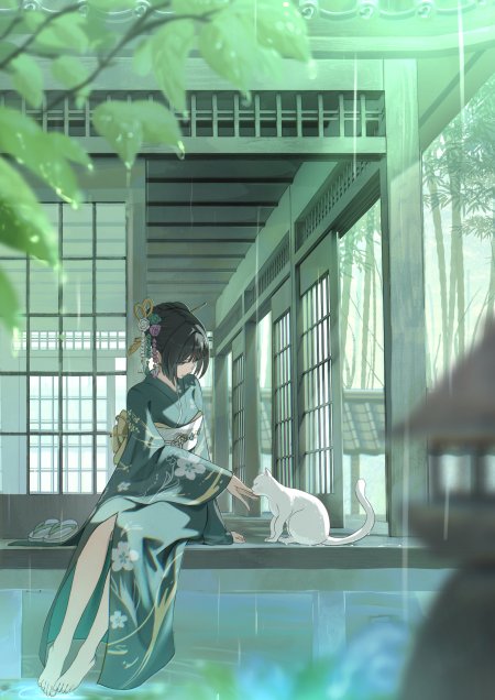 和风庭院雨中少女抚白猫青绿古风动漫手机壁纸