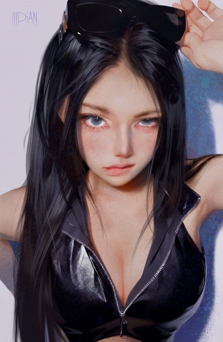 黑发蓝眼少女戴墨镜手扶额冷艳暗调动漫手机壁纸