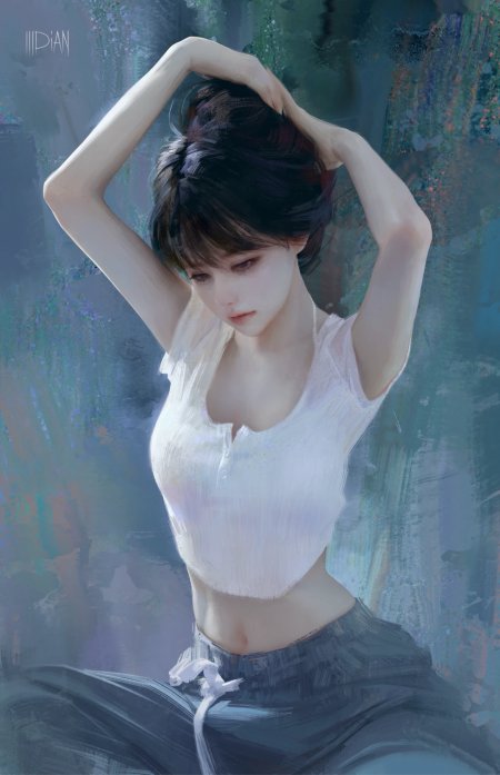 黑发少女白衣束腰双手举头蓝灰梦幻动漫手机壁纸