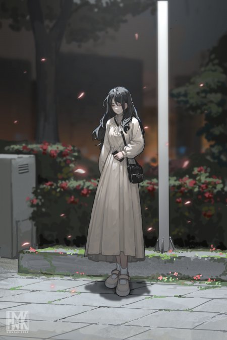 黑长发少女米白长裙夜街伫立灰粉插画手机壁纸