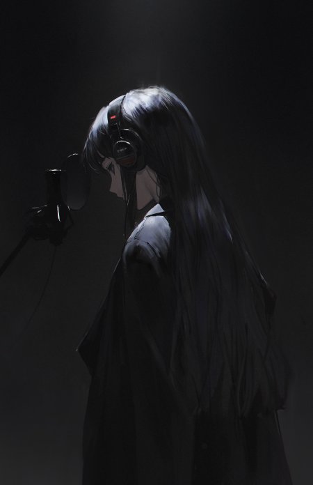 黑长直少女戴耳机侧身录音暗调动漫手机壁纸
