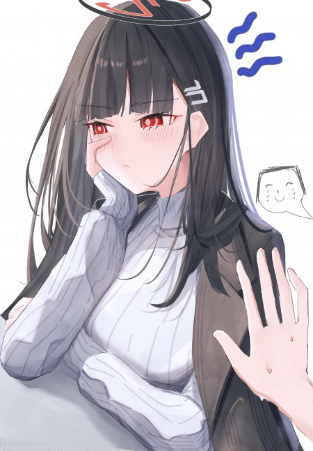 黑长直红眼少女捂脸羞涩灰白动漫手机壁纸