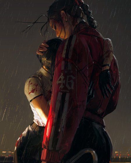 街头雨夜红衣少女拥抱受伤同伴暗红动漫手机壁纸