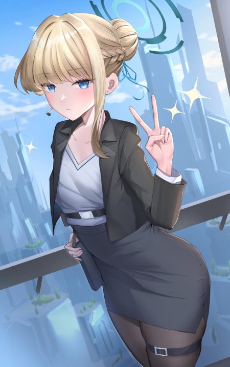 金发蓝眼少女西装比耶微笑蓝白科幻都市动漫手机壁纸