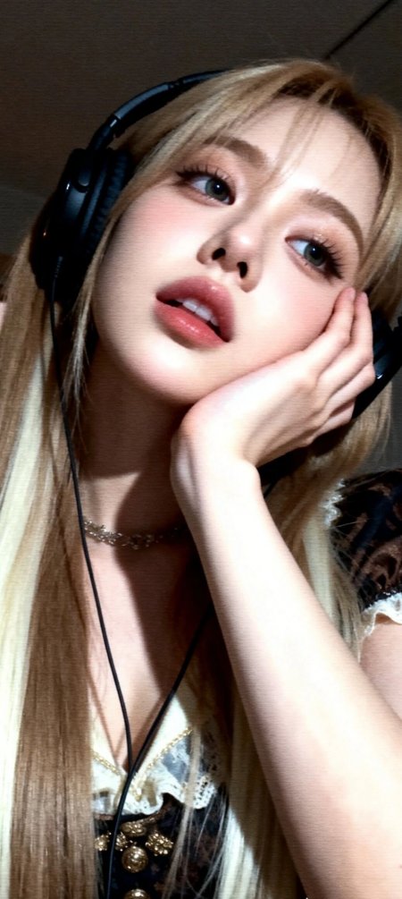 金发少女戴黑耳机托腮凝望暖调人物摄影手机壁纸