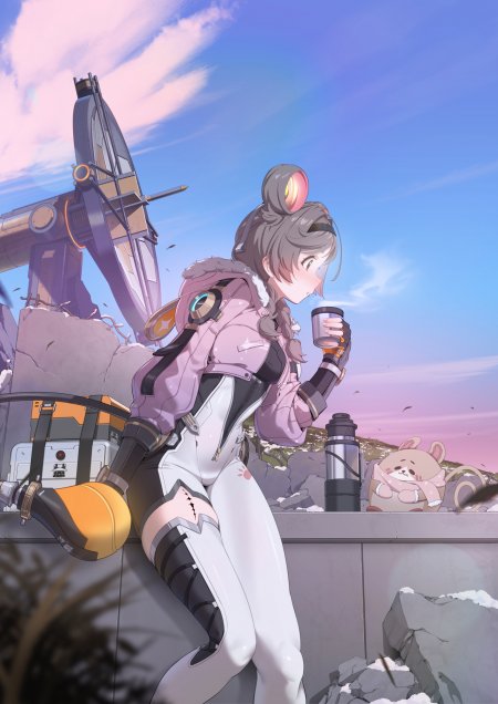 绝区零朱鸢粉白机甲少女倚墙持杯粉紫动漫手机壁纸