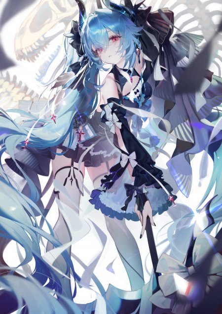 蓝发红瞳少女黑裙白饰蝴蝶结动漫手机壁纸