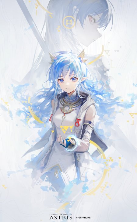 蓝发精灵少女持光微笑白金蓝幻彩动漫手机壁纸
