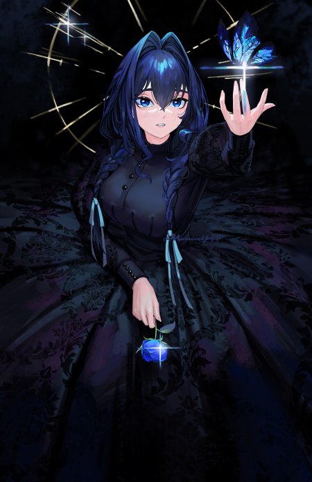 蓝发少女手持蓝玫瑰与光蝶暗紫奇幻动漫手机壁纸
