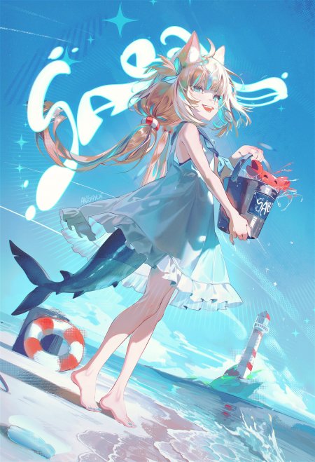 猫耳少女海边提桶跃动蓝白动漫手机壁纸