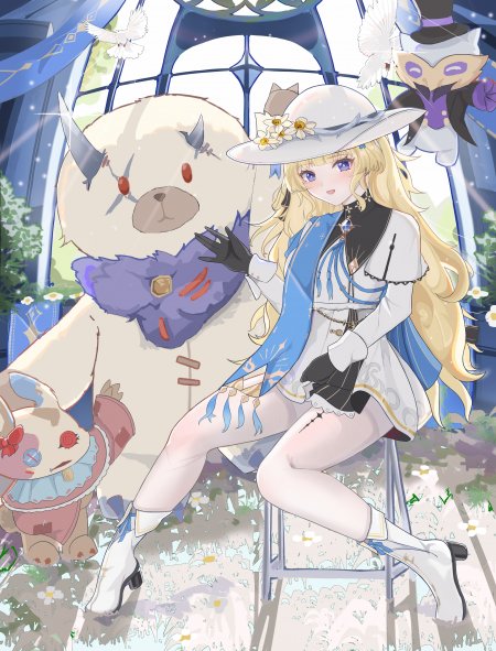 鸣潮菲比白帽蓝裙少女与机械熊伙伴蓝白梦幻动漫手机壁纸