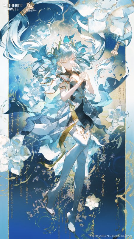 鸣潮一周年纪念蓝发少女水波花影蓝金动漫手机壁纸