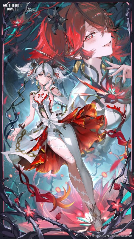 鸣潮游戏红发银发双少女花海缠绕蓝红幻想动漫手机壁纸