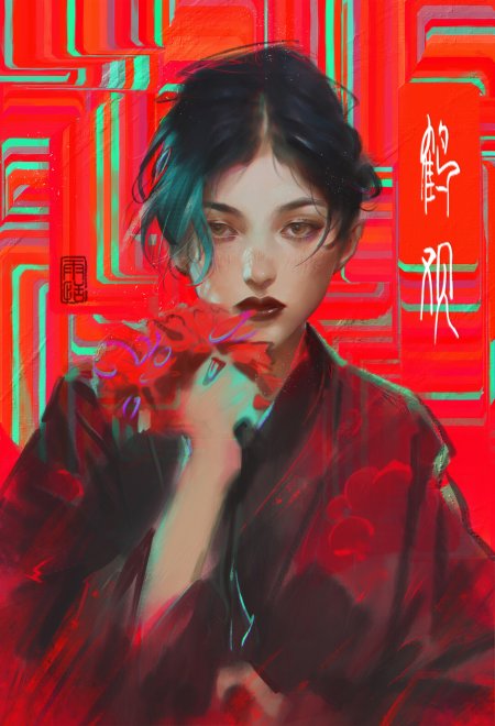 赛博和风少女黑发红唇手持红花霓虹红绿动漫手机壁纸