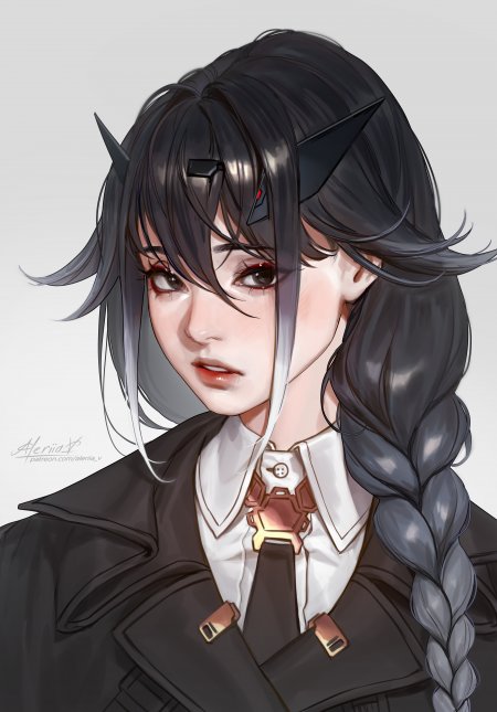 赛博朋克风格黑发红瞳少女尖耳机械装饰暗灰动漫手机壁纸