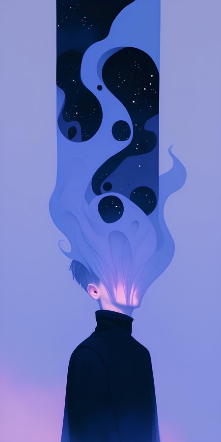 少年侧影头部化作星云流动蓝紫梦幻创意插画手机壁纸