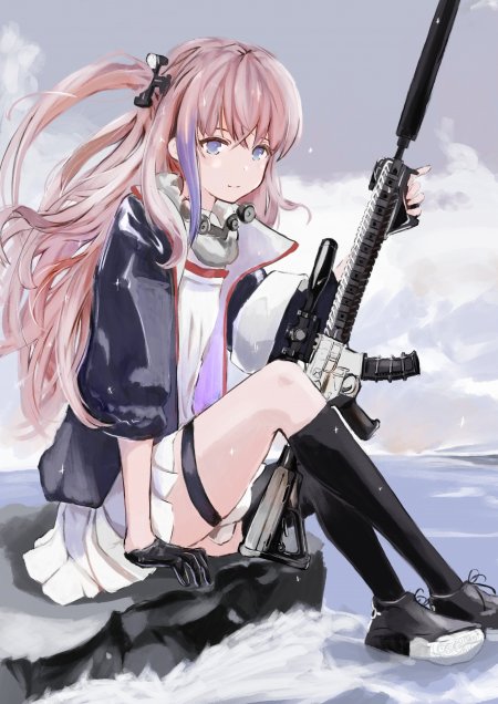 少女持步枪坐姿粉发蓝瞳动漫游戏角色手机壁纸
