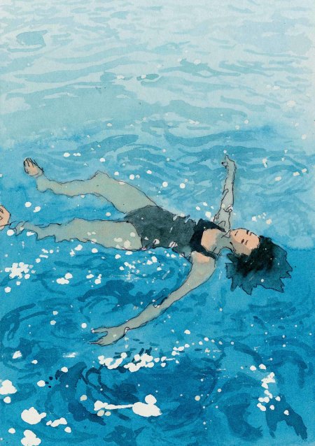 少女漂浮水面蓝白水彩风格插画手机壁纸