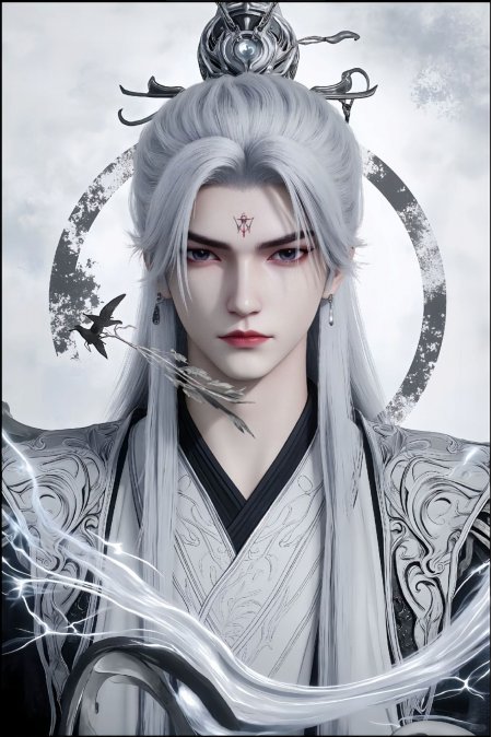 仙逆王林银发红瞳古风仙侠少年白衣黑边服饰闪电环绕灰白奇幻动漫手机壁纸