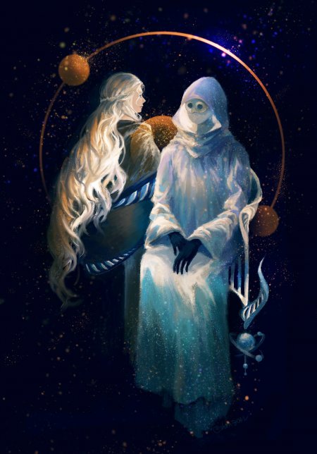 星空下银发少女与蓝袍神秘人对视深蓝紫梦幻科幻手机壁纸