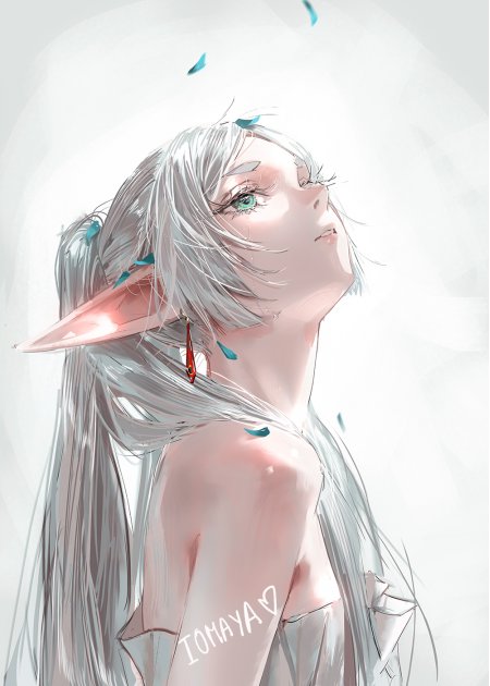 银发精灵少女仰望青叶飘落粉白动漫手机壁纸